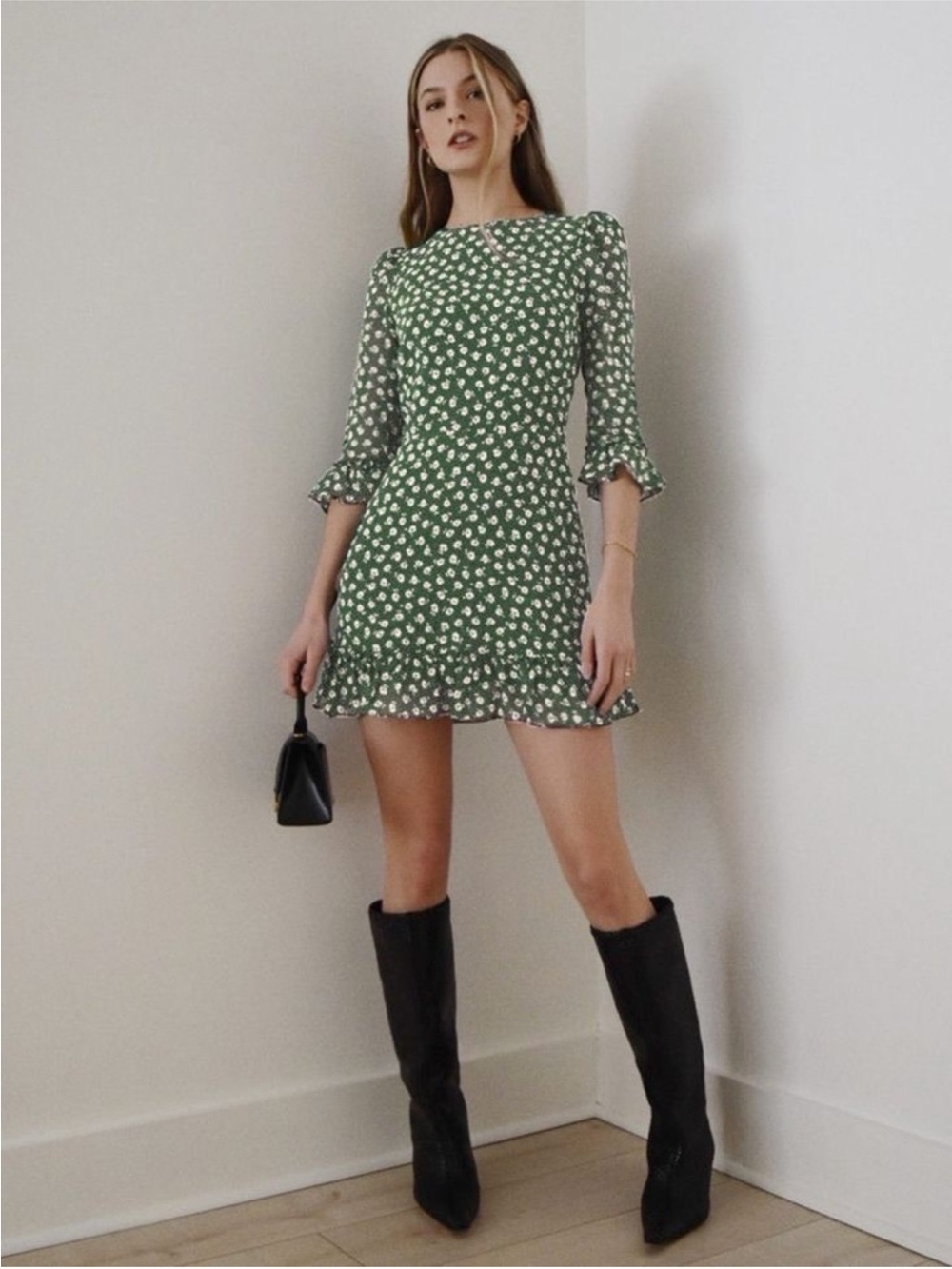 Reformation Doutzen Mini Dress Green Ditsy White Floral Chive